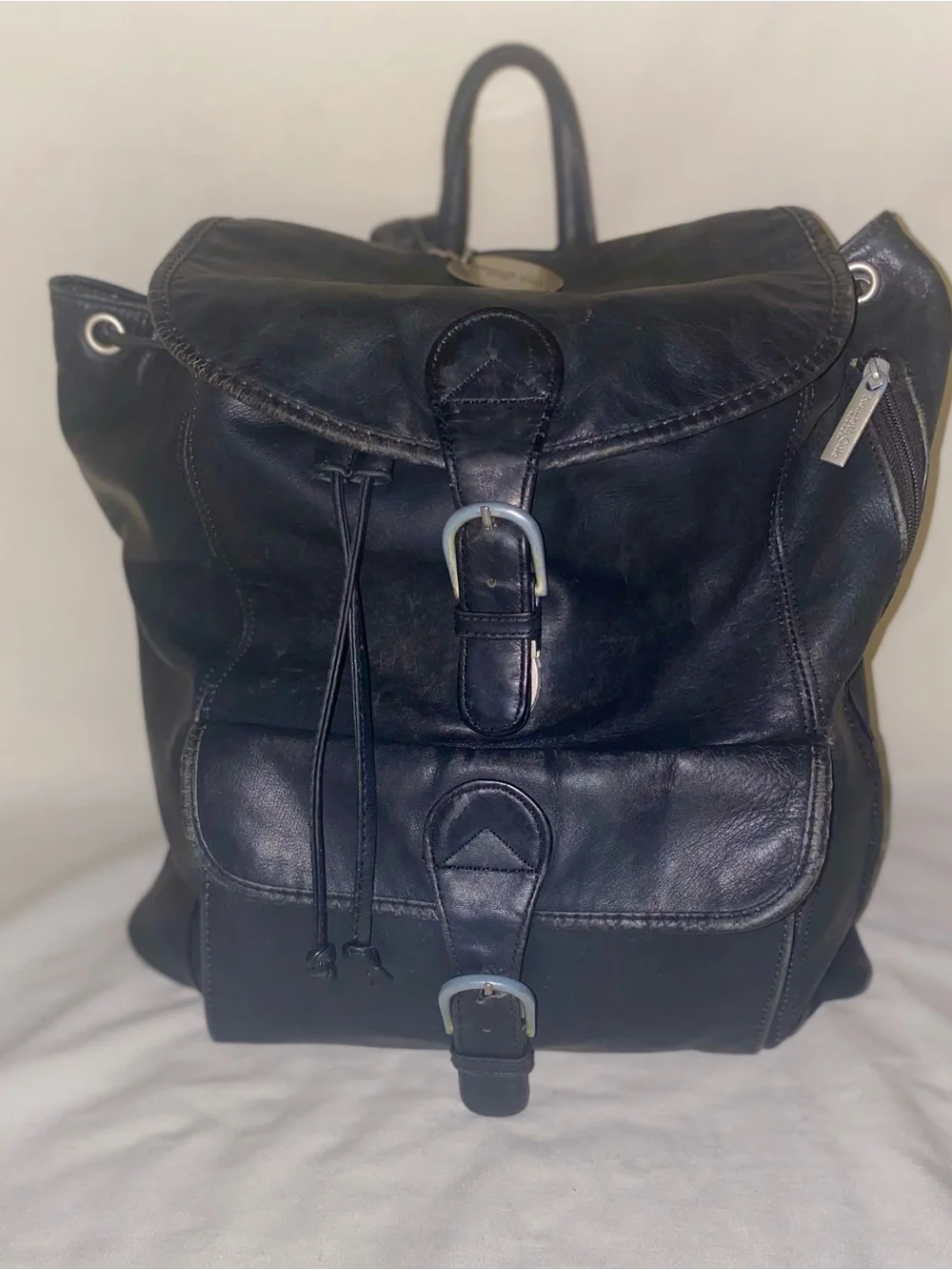 Kenneth Cole Black Leather Buckle Backpack